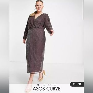 ASOS DESIGN Curve gold linear embellished batwing midi dress in mauve